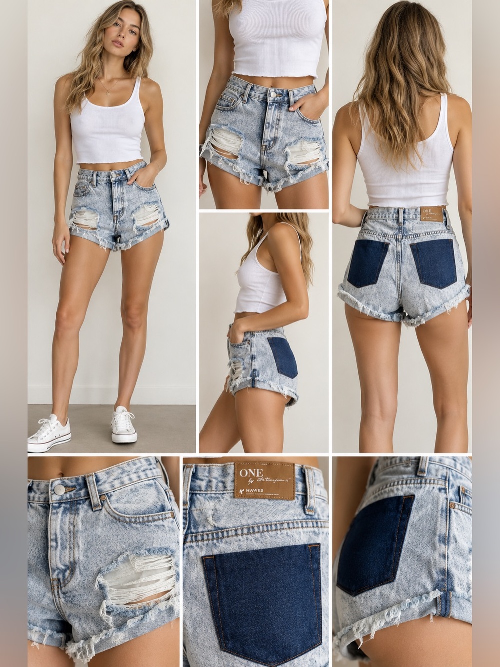 One Teaspoon Classic Hawks Distressed Denim Shorts NWT Size 27 Two Tone Y2K